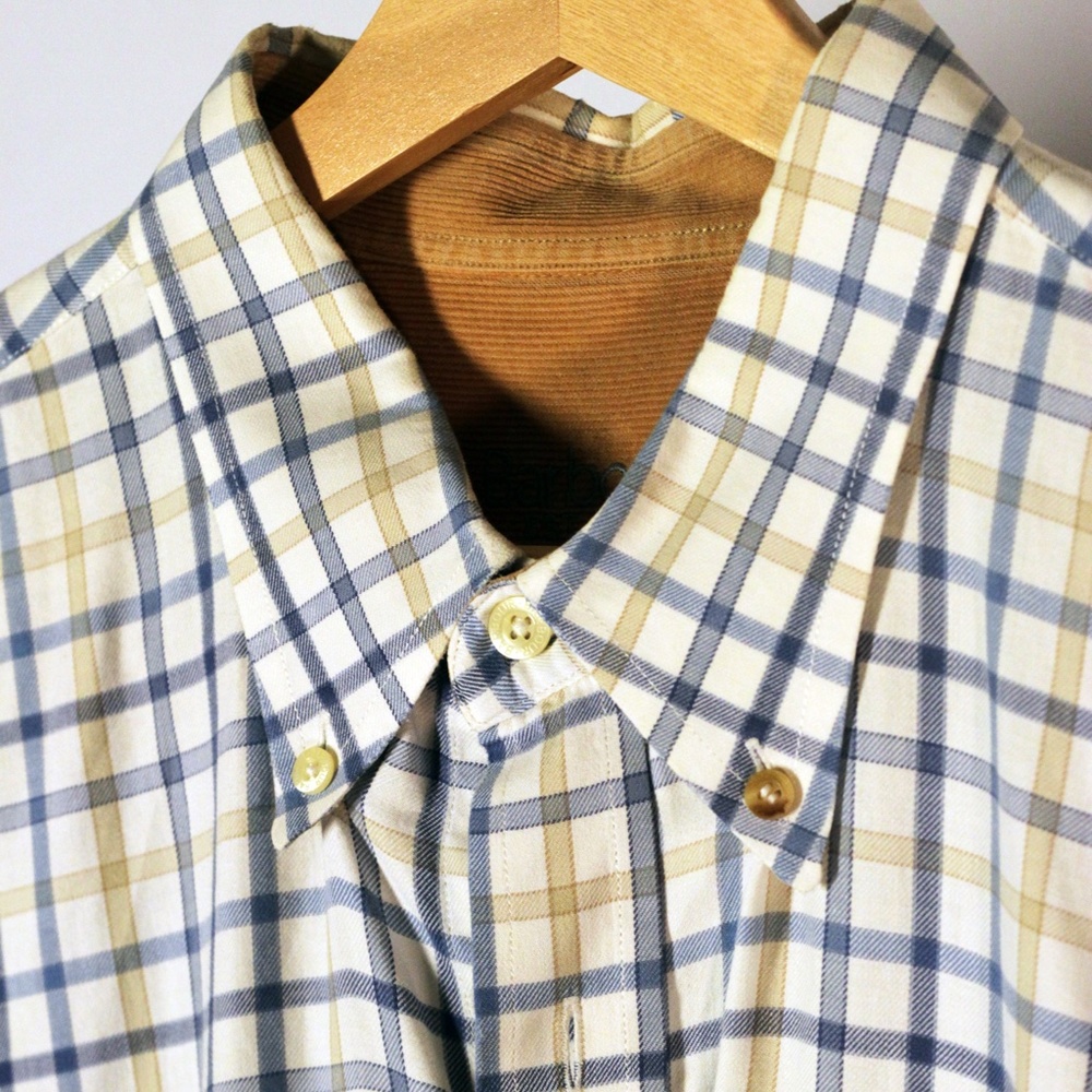 Barbour Men's Yellow and Blue Plaid White Long-Sleeve Button Down Shirt